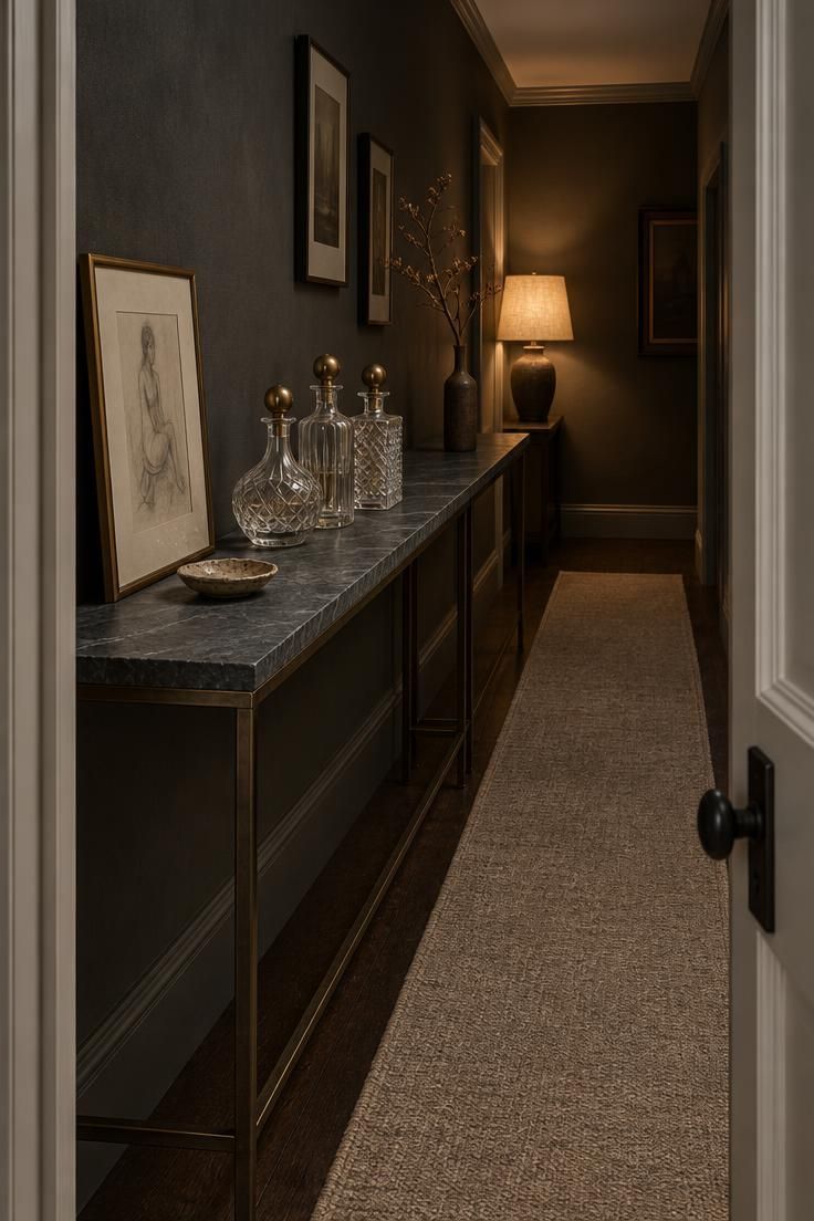 15 Cozy Classy Man Cave Ideas to Make Your Retreat 8 Narrow hallway with charcoal walls and a long slate-topped console on bronze legs, holding three decanters, a ceramic dish, and a leaning framed sketch, with a linen-shaded lamp glowing at the far end.