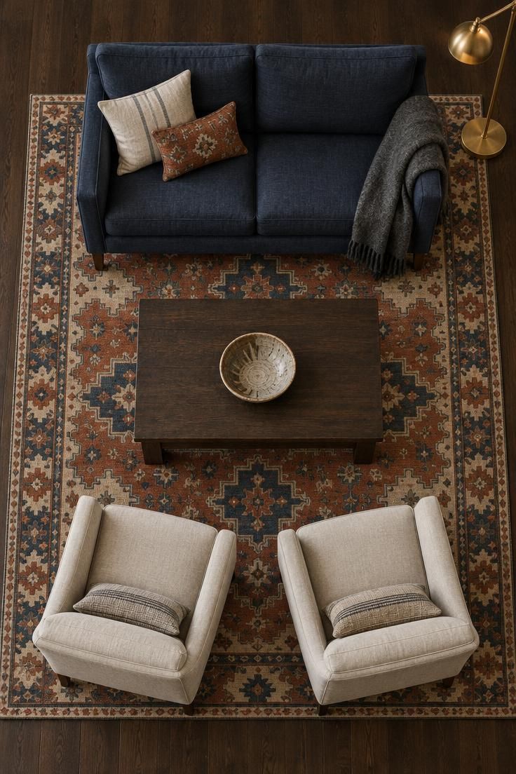 15 Cozy Classy Man Cave Ideas to Make Your Retreat 9 Overhead view of a navy loveseat and two oatmeal linen armchairs around a low dark wood coffee table on a large flat-weave rug in rust, navy, and ivory, with a charcoal throw and a brass floor lamp.