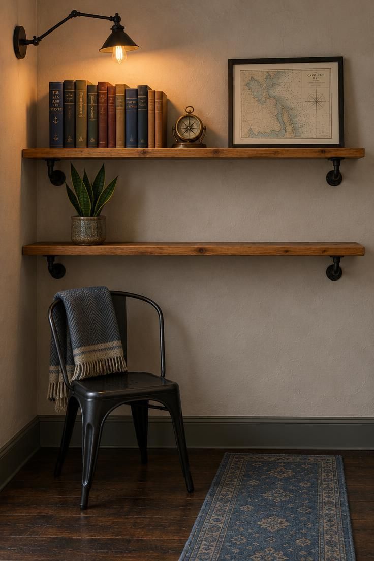 15 Cozy Classy Man Cave Ideas to Make Your Retreat 10 Two waxed pine shelves on black iron pipe brackets holding books, a compass, a framed nautical chart, and a snake plant, lit by a swing-arm lamp with an Edison bulb in a room with a bare plaster wall.