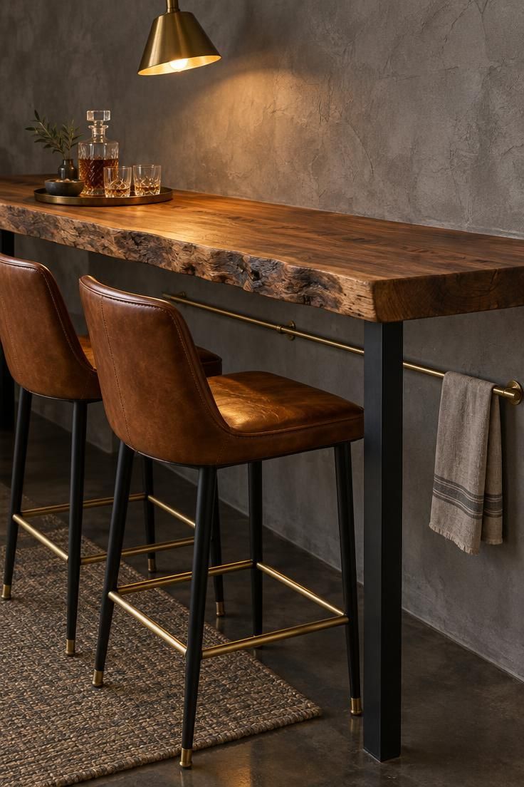 15 Cozy Classy Man Cave Ideas to Make Your Retreat 12 Reclaimed teak slab counter on black steel legs with two leather and brass bar stools tucked underneath, a tray with a decanter and glasses, and a warm pendant light overhead.