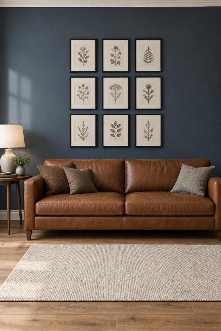 15 Cozy Classy Man Cave Ideas to Make Your Retreat 13 Cognac leather sofa against a deep blue-gray wall with a three-by-three grid of small black-framed botanical sketches above it, two brown pillows at one end, a gray pillow at the other, and a walnut side table.
