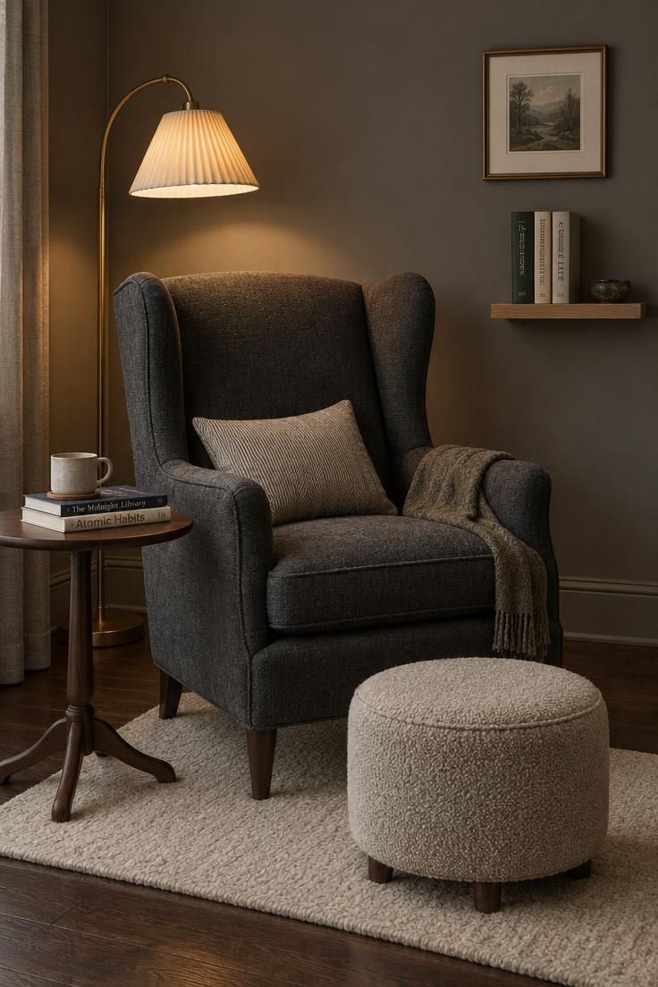 15 Cozy Classy Man Cave Ideas to Make Your Retreat 15 Charcoal gray wingback chair on an ivory wool rug beside a round walnut side table with a mug and two paperbacks, a brass floor lamp arcing from behind, a narrow oak shelf with three books, and a small wool ottoman.