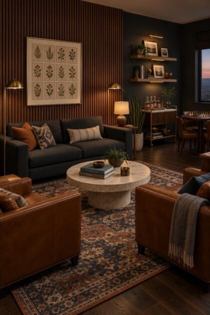 15 Cozy Classy Man Cave Ideas to Make Your Retreat Cozy classy man cave combining a walnut slat wall, charcoal sofa, cognac leather club chairs, travertine coffee table, marble-topped brass bar cart, picture-lit oak shelves, a rust and navy wool rug, brass floor lamps, a chess table, and botanical art above the sofa.