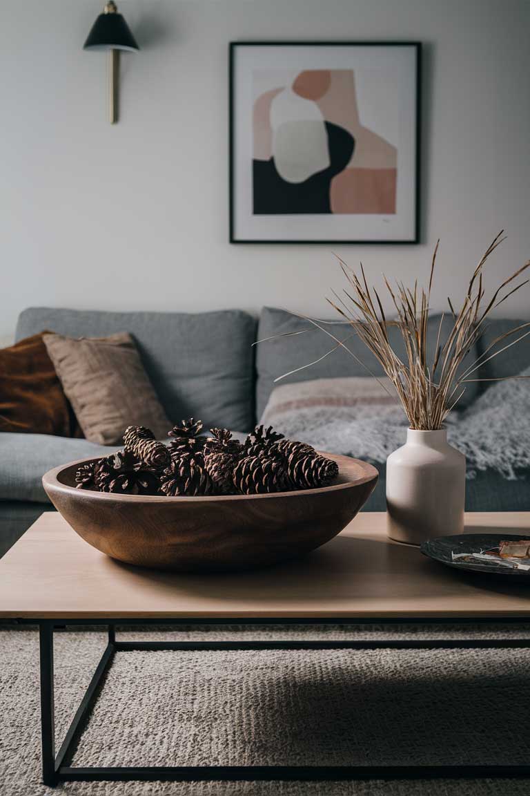 Close-up of a minimalist coffee table featuring a large wooden bowl filled with pinecones and a simple vase with dried grasses.