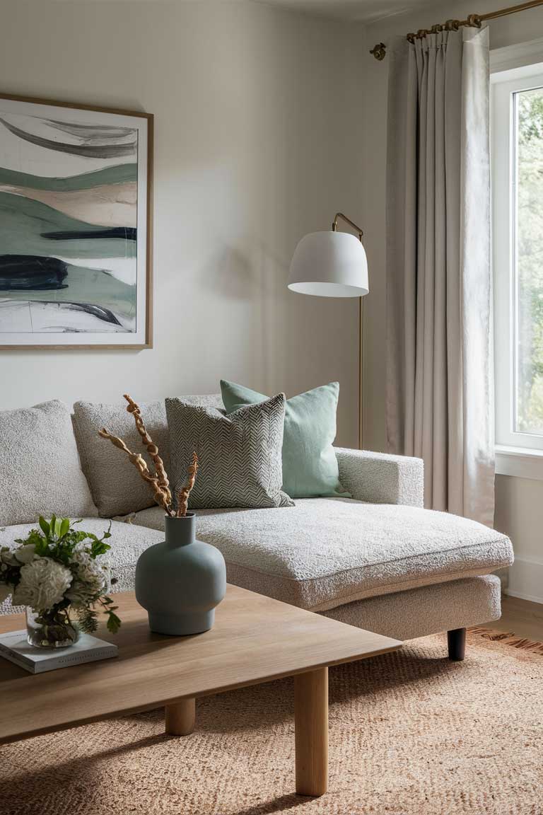 Close-up of a neutral living room with subtle pops of sage green in throw pillows and a dusty blue vase on a wooden coffee table.