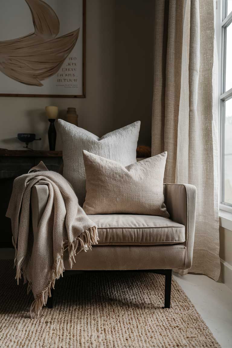 Close-up of various natural fabric textures - linen throw pillows, a wool blanket, and cotton curtains in neutral tones.