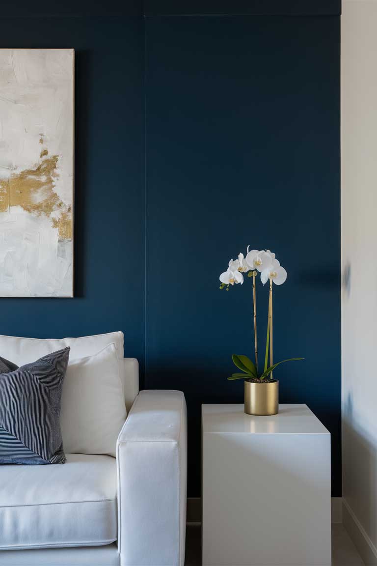  close-up shot of a navy blue accent wall in a minimalist living room. The wall is adorned with a single large, abstract painting in shades of white and gold. A sleek white side table stands against the wall, topped with a simple gold vase containing a single white orchid. The image showcases the depth and richness of the navy blue color.