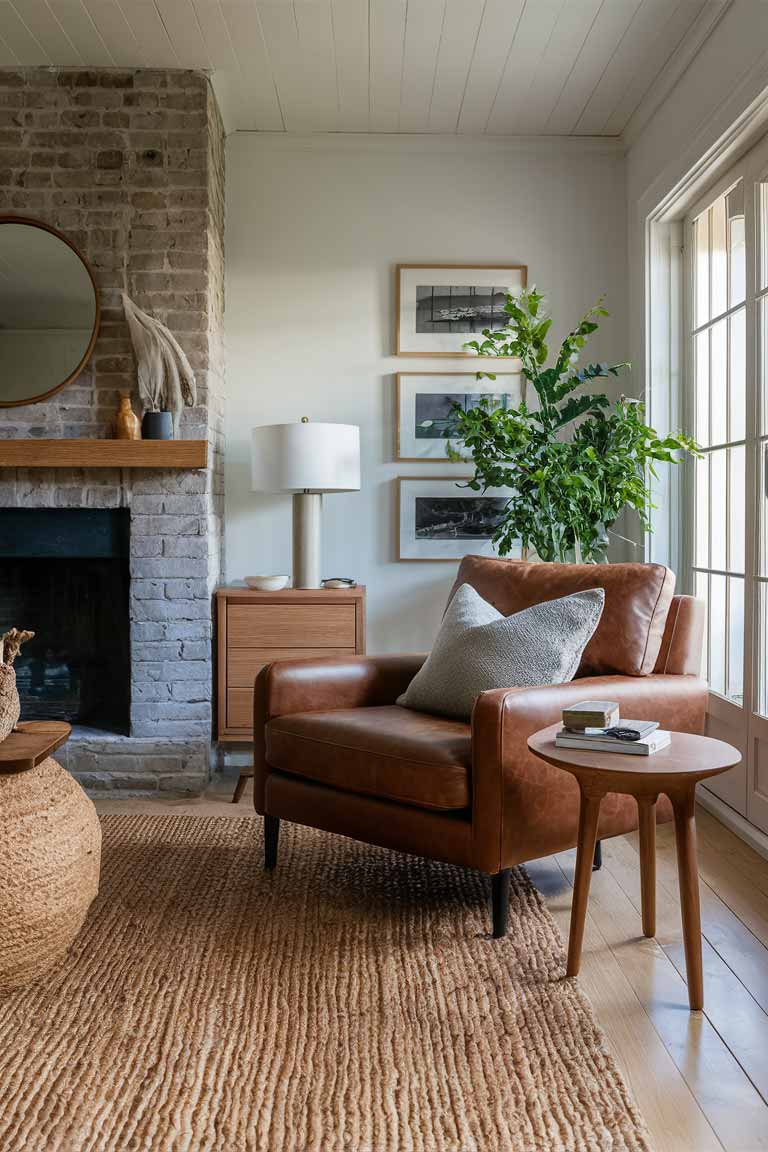 Close-up shot showcasing various textures in a living room - a jute rug, leather armchair, wooden side table, and linen throw pillows.