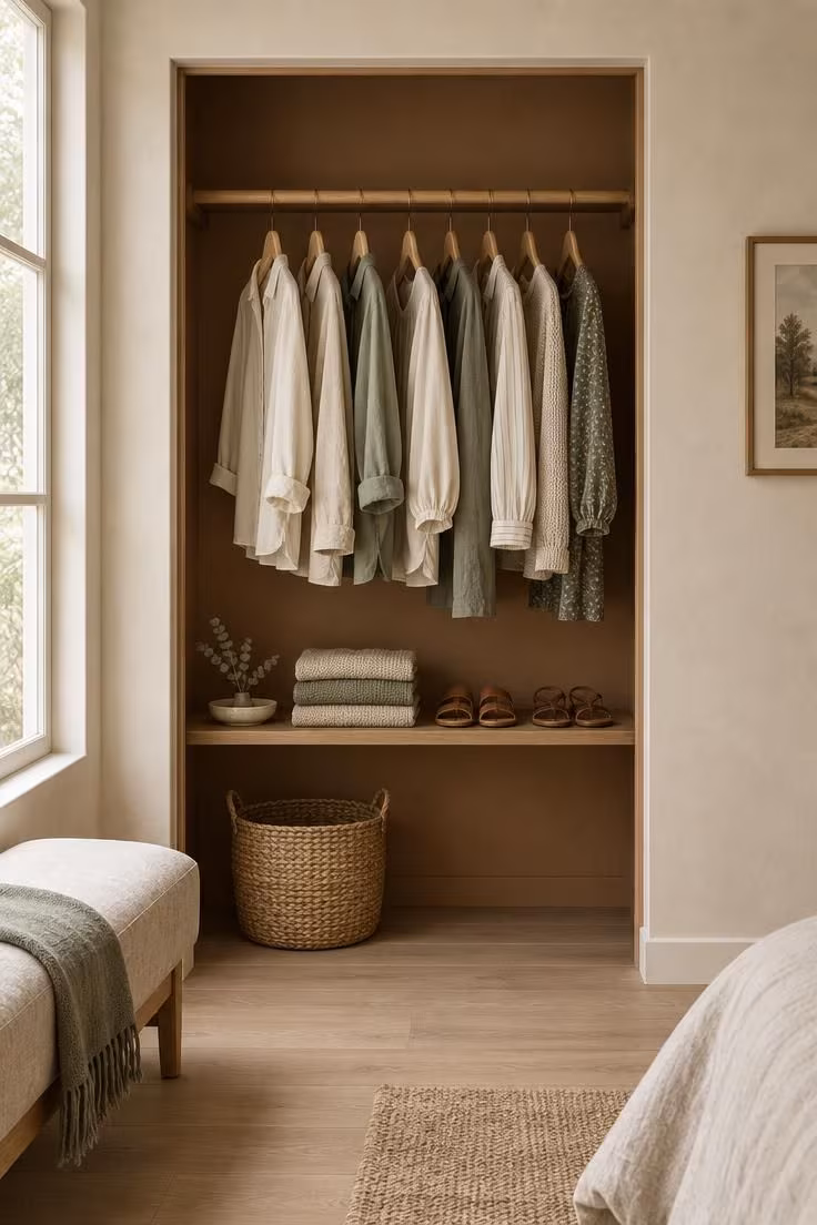 A bedroom closet opening without doors, its interior painted warm clay with a rod of wooden hangers, a low shelf of folded knitwear, and a seagrass basket, lit by soft diffused daylight.