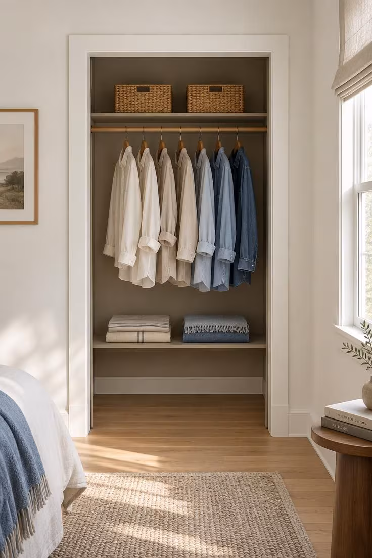 A doorless closet opening framed with simple white casing, a slim top shelf with two woven baskets, and a rod of shirts on wooden hangers, lit by bright midday light.