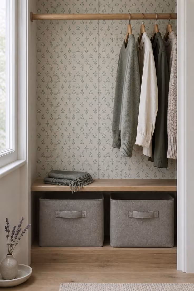 A close-up of a closet back wall lined with small-repeat botanical wallpaper in sage on cream, behind a wooden rod of solid-colored garments and two canvas bins, lit by cool overcast light.