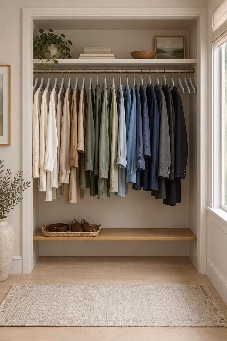 A doorless closet with garments in a light-to-dark gradient on identical slim velvet hangers, above a narrow shelf with a woven tray and loafers, lit by soft diffused daylight.