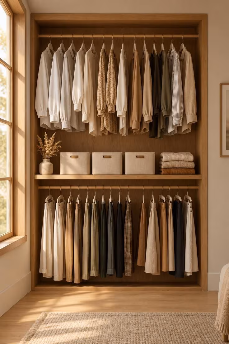 A doorless closet with an upper rod of shirts, a full-width oak shelf holding canvas bins and folded sweaters, and a lower rod of trousers, lit by warm golden light.
