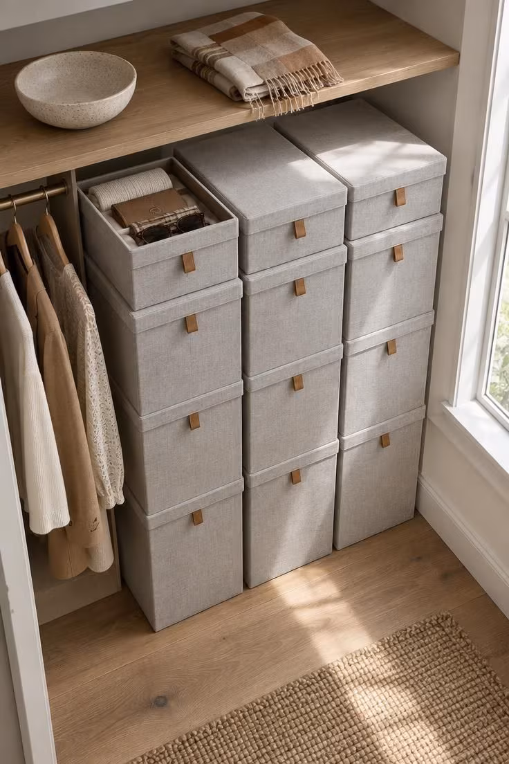 An overhead vignette of a doorless closet with three columns of matching pale grey lidded boxes stacked in a grid under a narrow shelf, lit by bright midday light.