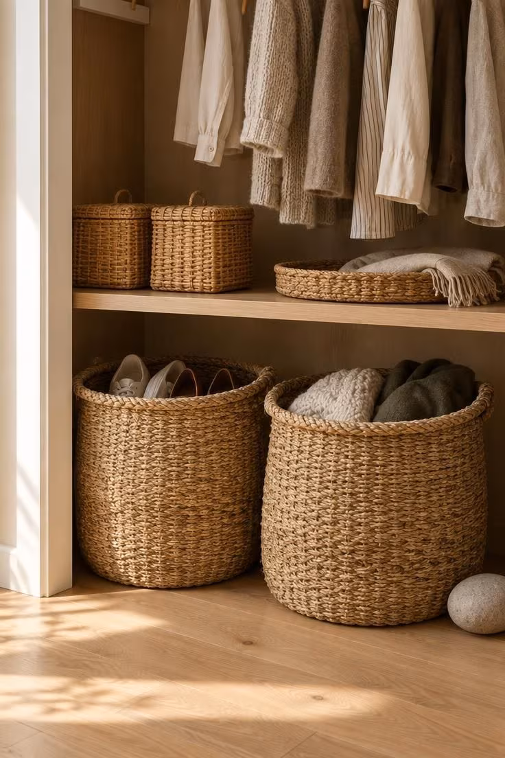 A close-up of two large seagrass baskets and small rattan baskets inside a doorless closet, with a woven tray and folded scarf on a shelf above, lit by warm golden light.