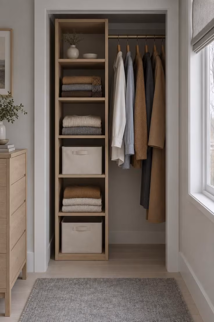 A doorless closet with a white oak cube unit of canvas bins and folded knits on one side and a rod of hanging garments on the other, lit by cool overcast light.
