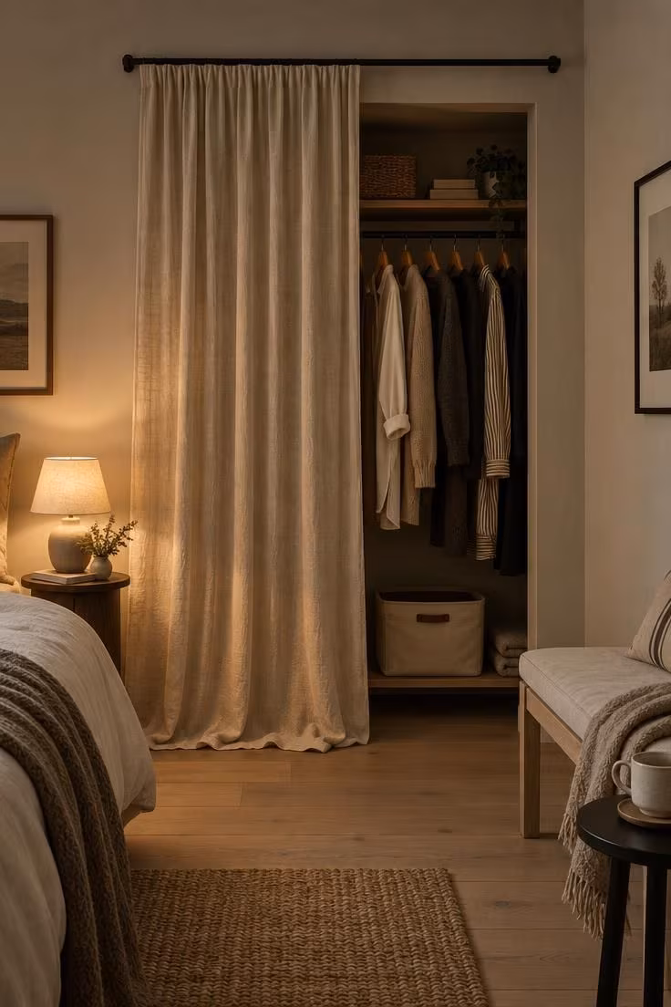 A doorless closet opening covered by a single oatmeal linen curtain on a slim black rod, pushed to one side with soft lamp light and a glimpse of hanging garments behind.