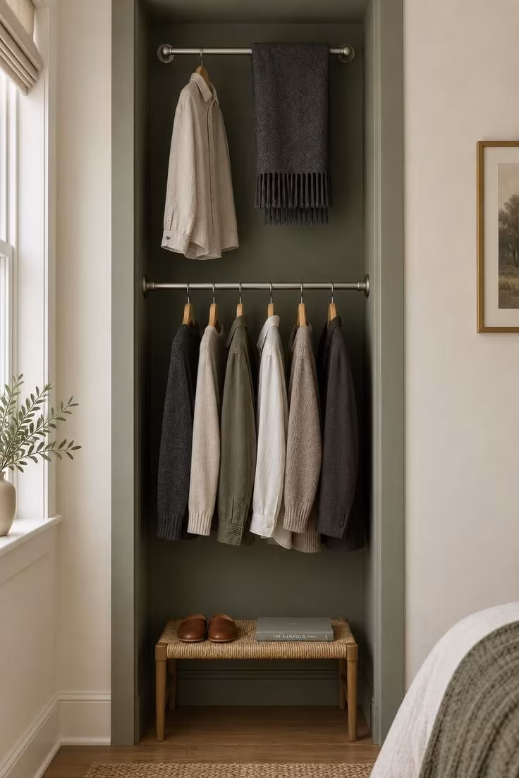 Open closet painted muted sage with a short brushed nickel valet bar holding one neutral shirt and folded throw near the top.