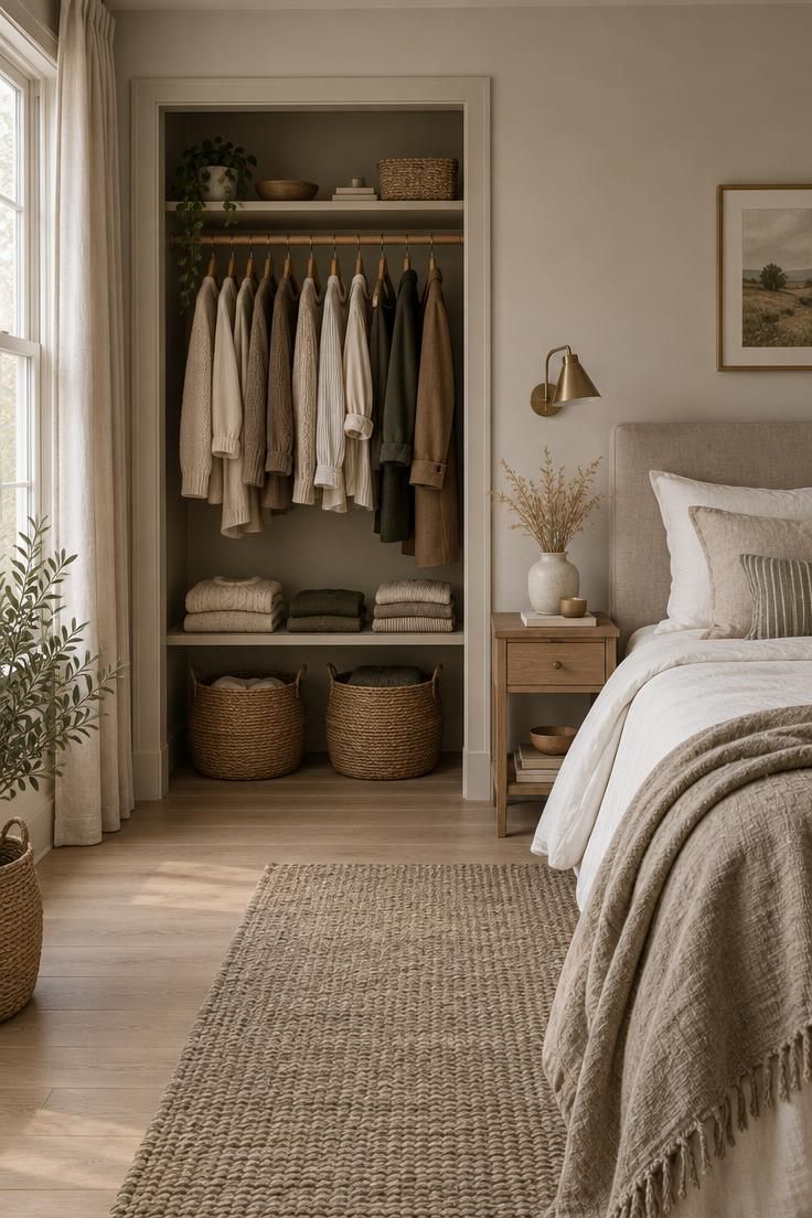 A calm bedroom corner with a doorless closet opening in warm greige, a rod of garments on matching hangers, folded knitwear, and seagrass baskets, beside a made bed in soft daylight.