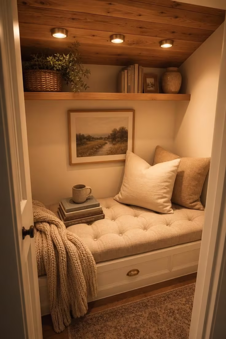 Closet reading nook with tufted linen bench, brass puck lights, and cedar plank ceiling in warm golden tones