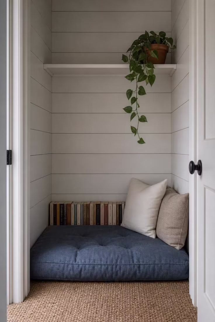 White shiplap closet reading nook with jute rug, slate blue floor cushion, and paperback books along the wall