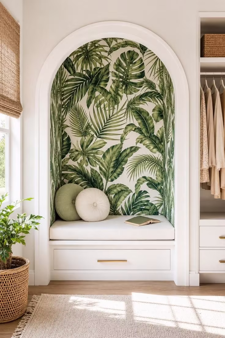 Arched closet reading nook with tropical botanical peel-and-stick wallpaper and white bench cushion in bright natural light
