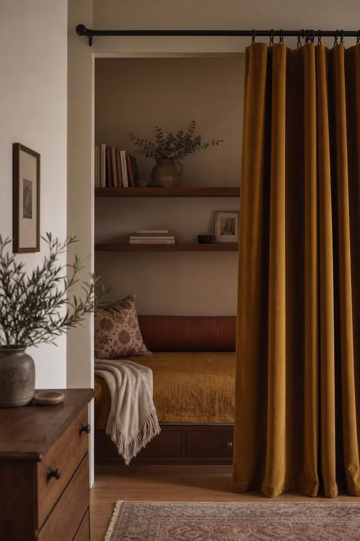 Closet reading nook with ochre velvet curtain door, mustard daybed, and floating oak shelves in soft diffused light