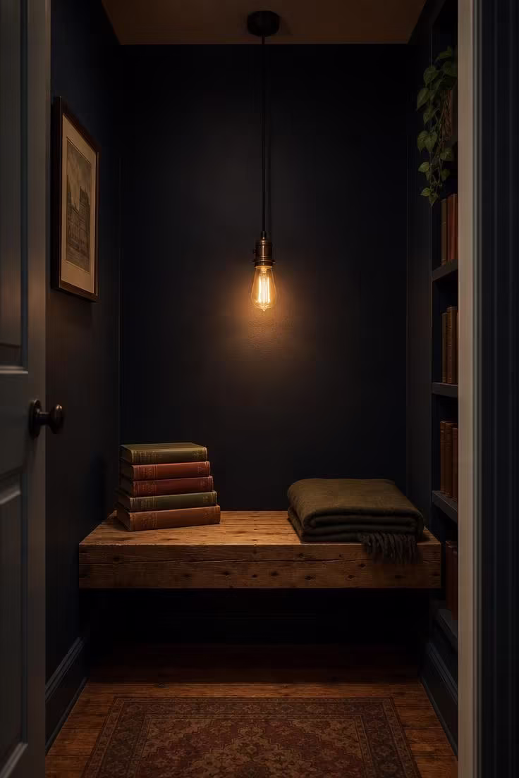 Navy-painted closet reading nook with reclaimed pine bench, Edison bulb pendant, and vintage hardcovers in moody low light