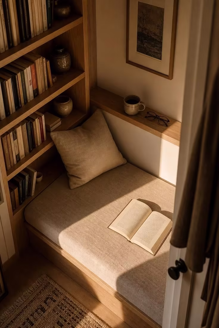 White oak built-in bookshelf closet reading nook with reading ledge, flax linen bench, and warm afternoon light