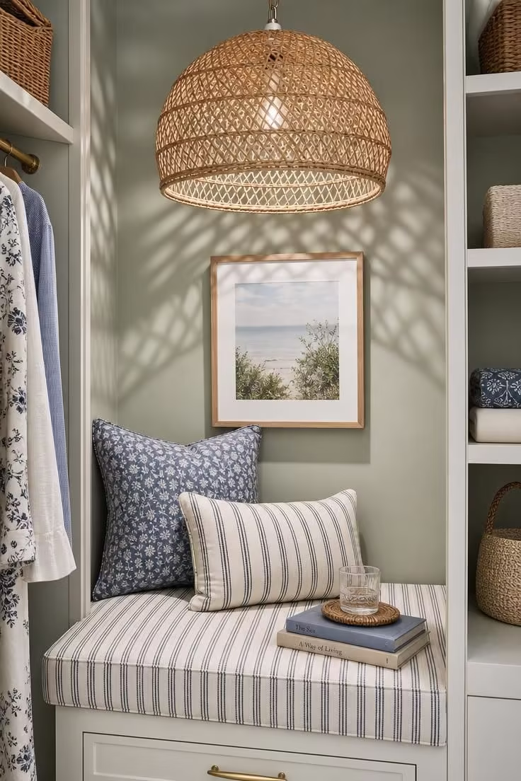 Rattan pendant light over ticking-stripe bench cushion in a sage-painted closet reading nook with bright midday light