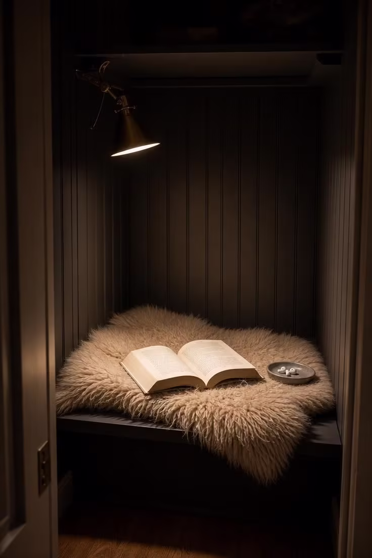 Charcoal beadboard closet reading nook with sheepskin throw, brass clip-on lamp, and moody low light