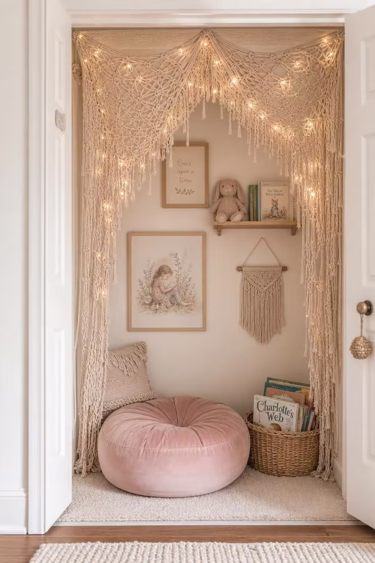 Macrame canopy closet reading nook with blush velvet floor pouf, fairy lights, and wicker book basket in soft diffused light