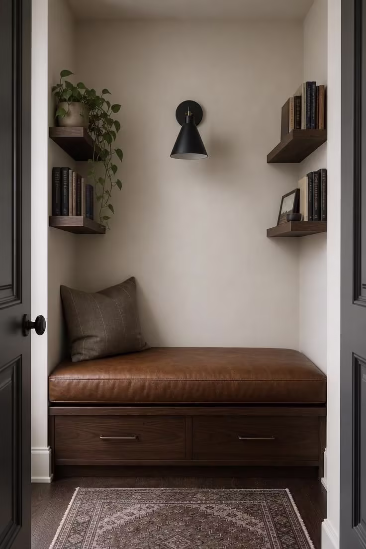 Walnut floating shelves flanking a saddle-brown leather bench cushion in a closet reading nook with cool overcast light