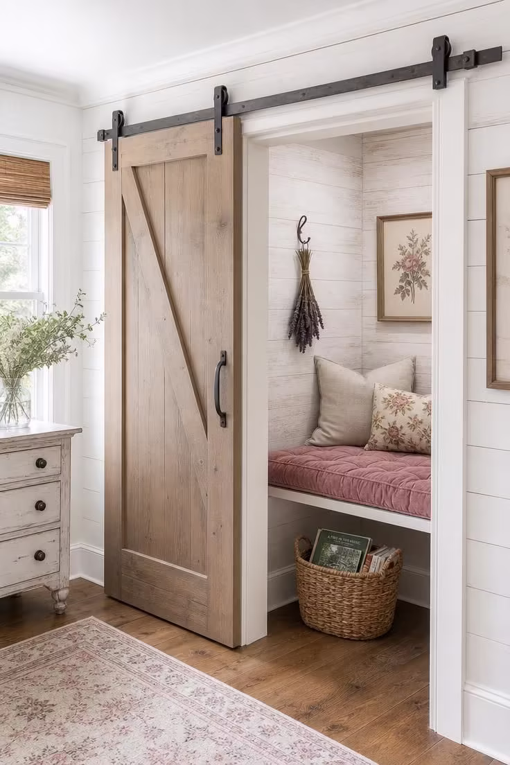 Whitewashed closet reading nook with sliding barn door, dusty rose quilted seat, and wicker book basket in bright midday light
