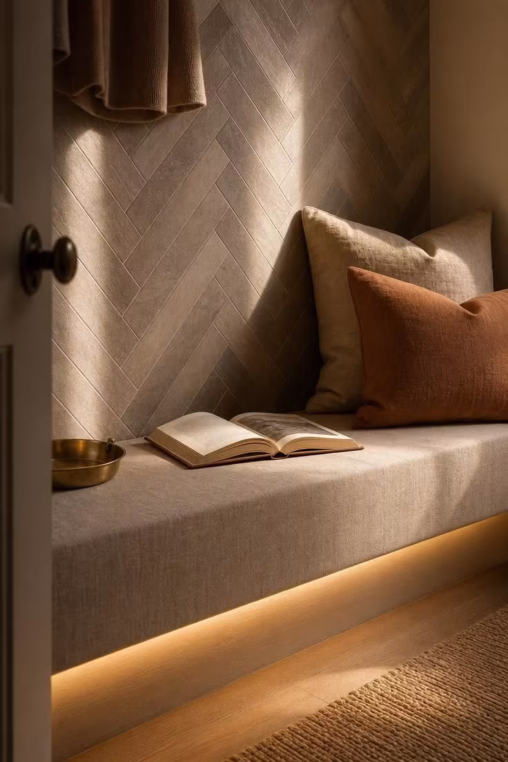 Herringbone tile accent wall closet reading nook with raised linen-wrapped foam platform and warm golden afternoon light