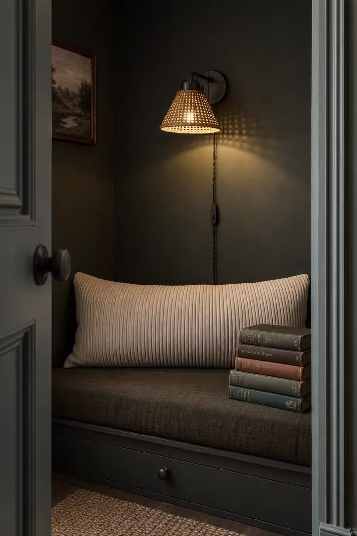 Forest green closet reading nook with cane wall sconce, corduroy bolster pillow, and vintage hardcovers in cool overcast light