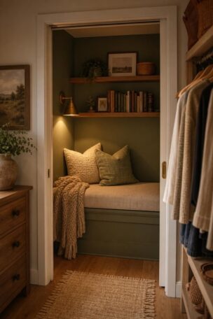 Cozy closet reading nook with sage green walls, linen bench, floating bookshelves, and warm brass sconce light