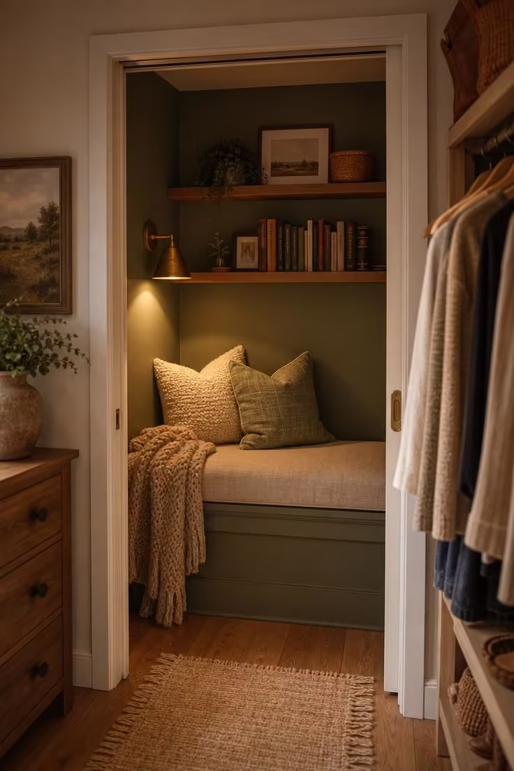 Simple Spaces 15 Cozy closet reading nook with sage green walls, linen bench, floating bookshelves, and warm brass sconce light