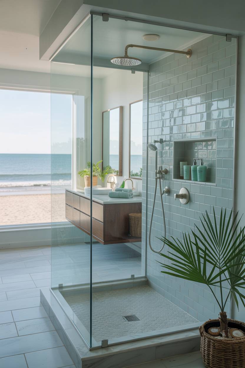 17 Coastal Bathroom Ideas for Stunning Beachy Decor 1 Sleek coastal bathroom with glass shower enclosure, rainfall showerhead, pale grey tiles, white marble floors, and ocean view window