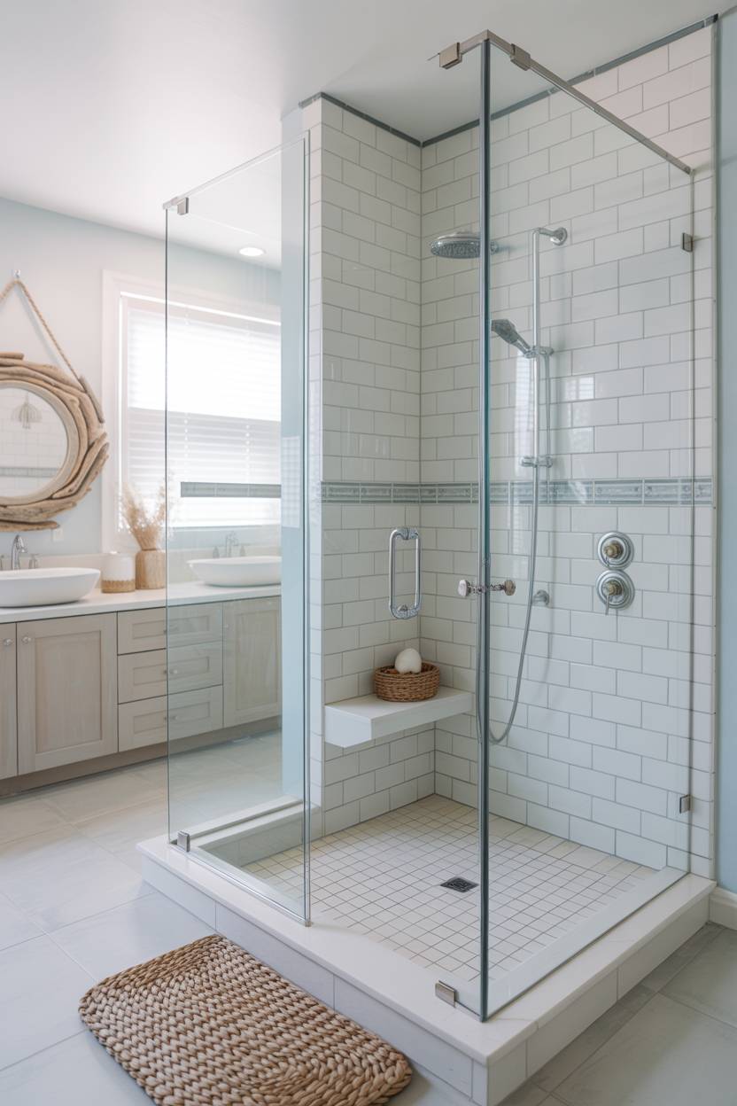 17 Coastal Bathroom Ideas for Stunning Beachy Decor 2 Stylish coastal bathroom featuring clear glass walk-in shower with chrome fixtures, white tiles with blue accents, seagrass mat, and driftwood-framed mirror