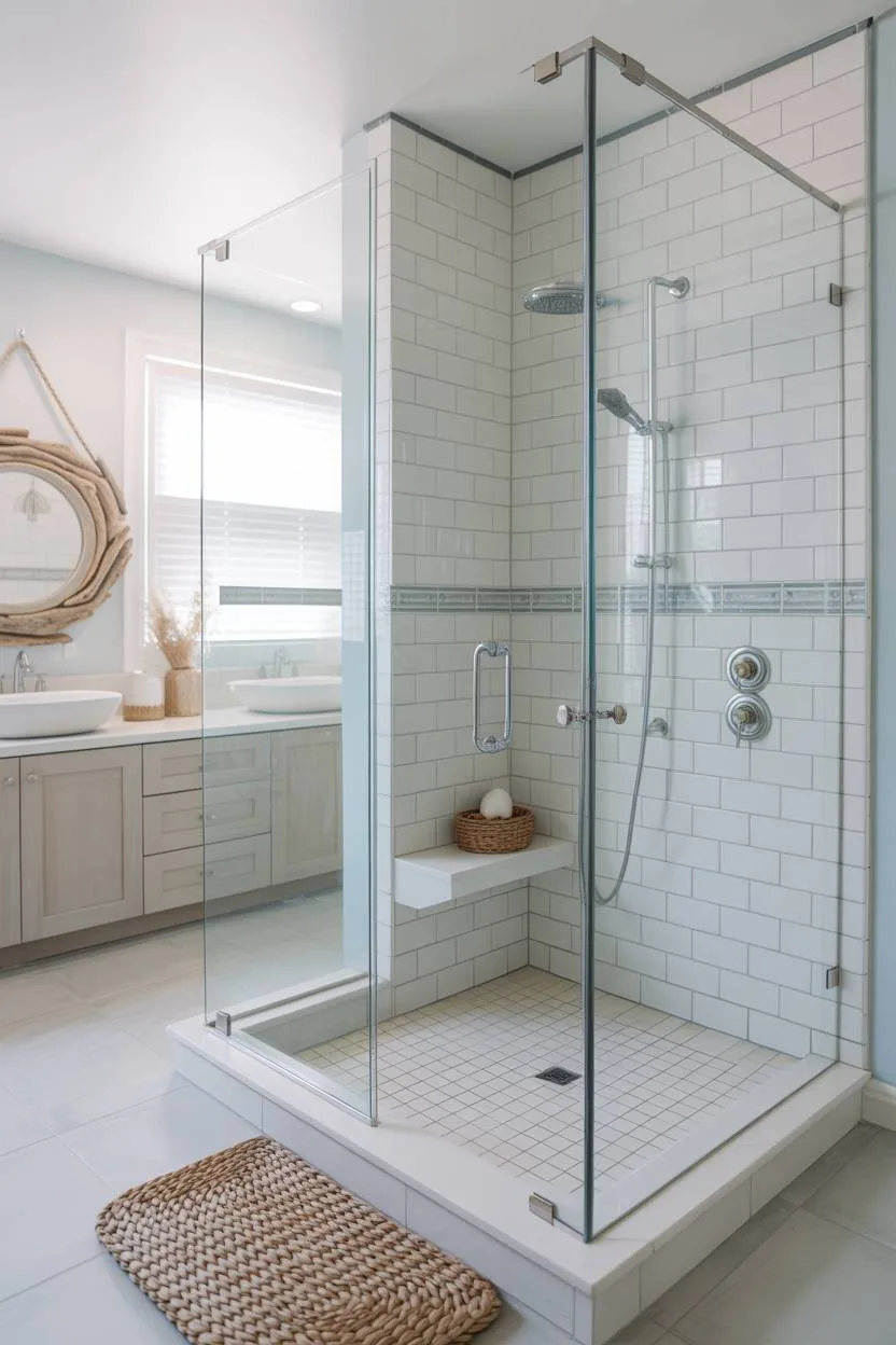 17 Coastal Bathroom Ideas for Stunning Beachy Decor 2 Stylish coastal bathroom featuring clear glass walk-in shower with chrome fixtures, white tiles with blue accents, seagrass mat, and driftwood-framed mirror