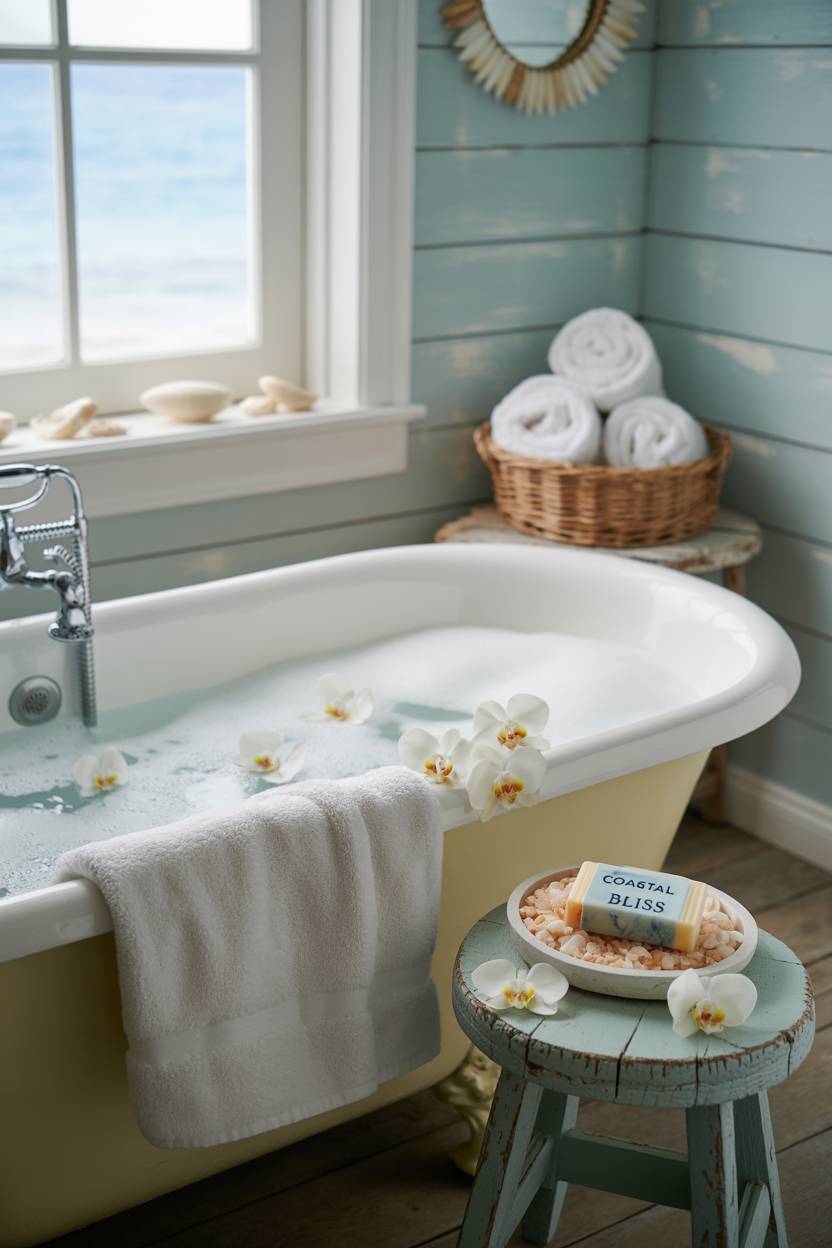 17 Coastal Bathroom Ideas for Stunning Beachy Decor 3 Serene coastal bathroom with white clawfoot bathtub filled with bubbles and orchids, pale blue walls, seashell mirror, and ocean view