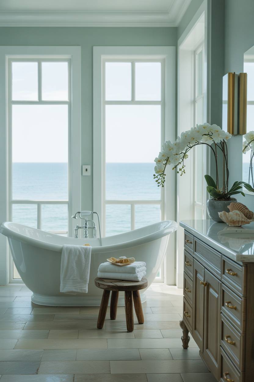 17 Coastal Bathroom Ideas for Stunning Beachy Decor 4 Luxury coastal bathroom with white porcelain freestanding tub on slate tile floor, large ocean-view window, seafoam green walls, and gold fixtures