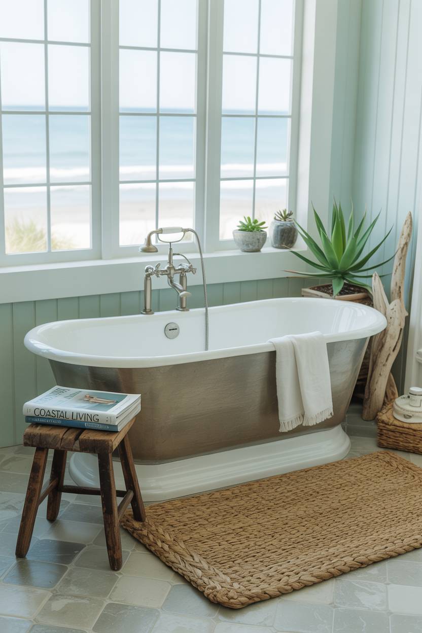 17 Coastal Bathroom Ideas for Stunning Beachy Decor 5 Bright coastal bathroom with freestanding tub beside beach-view window, seagrass rug, wooden stool with magazines, and pale aqua walls