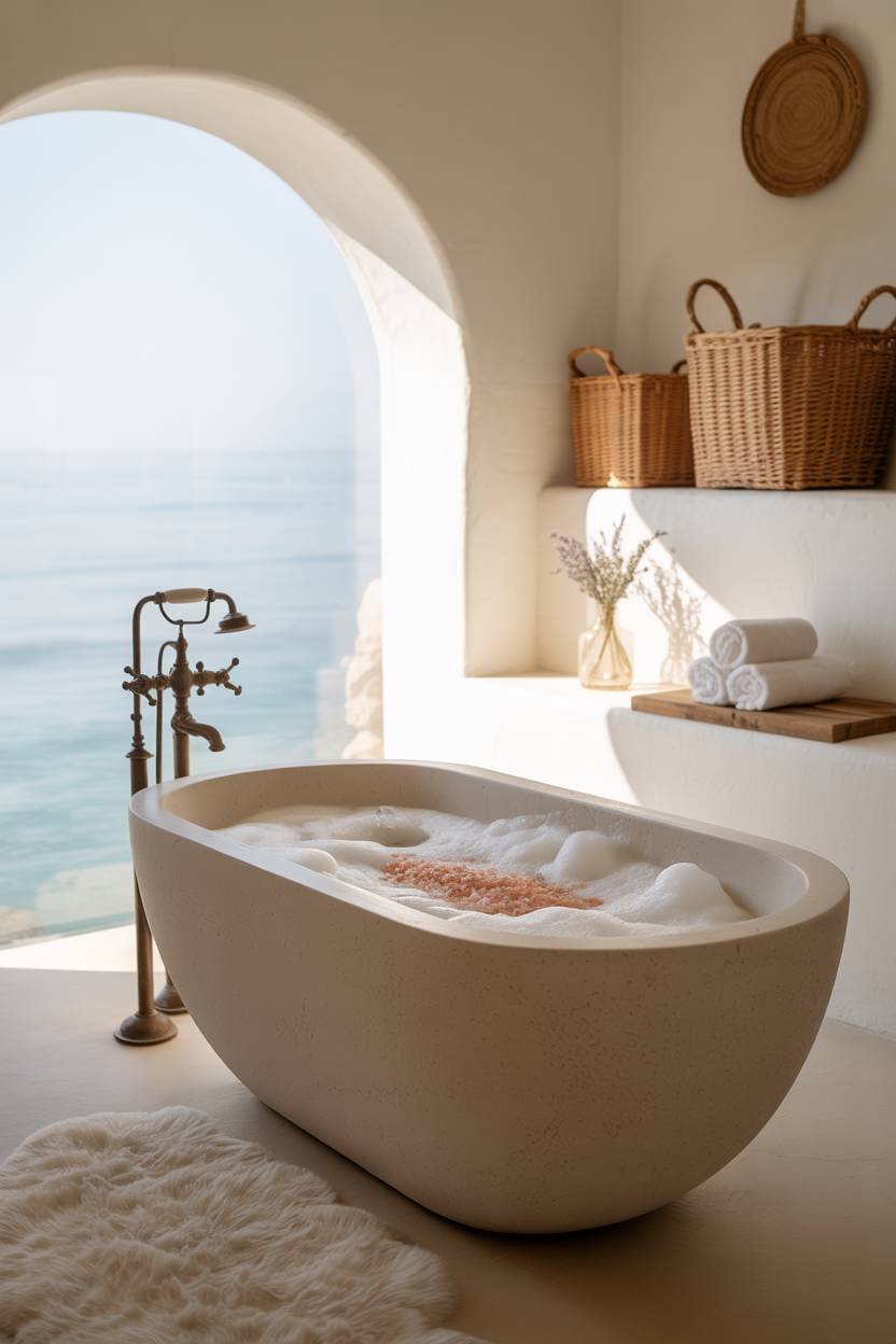 17 Coastal Bathroom Ideas for Stunning Beachy Decor 6 Serene coastal bathroom with white stone soaking tub under arched ocean-view window, whitewashed walls with woven baskets, and wooden shelf with rolled towels