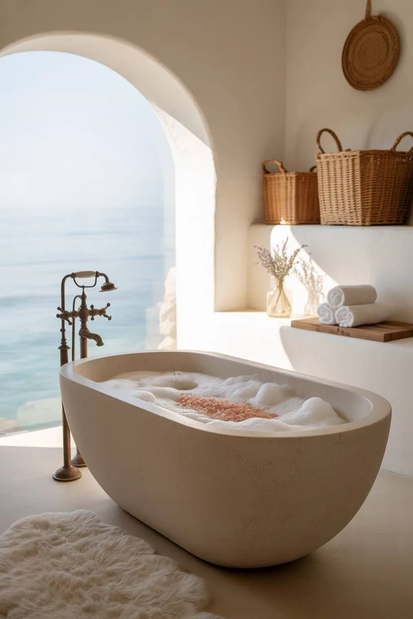 17 Coastal Bathroom Ideas for Stunning Beachy Decor 6 Serene coastal bathroom with white stone soaking tub under arched ocean-view window, whitewashed walls with woven baskets, and wooden shelf with rolled towels