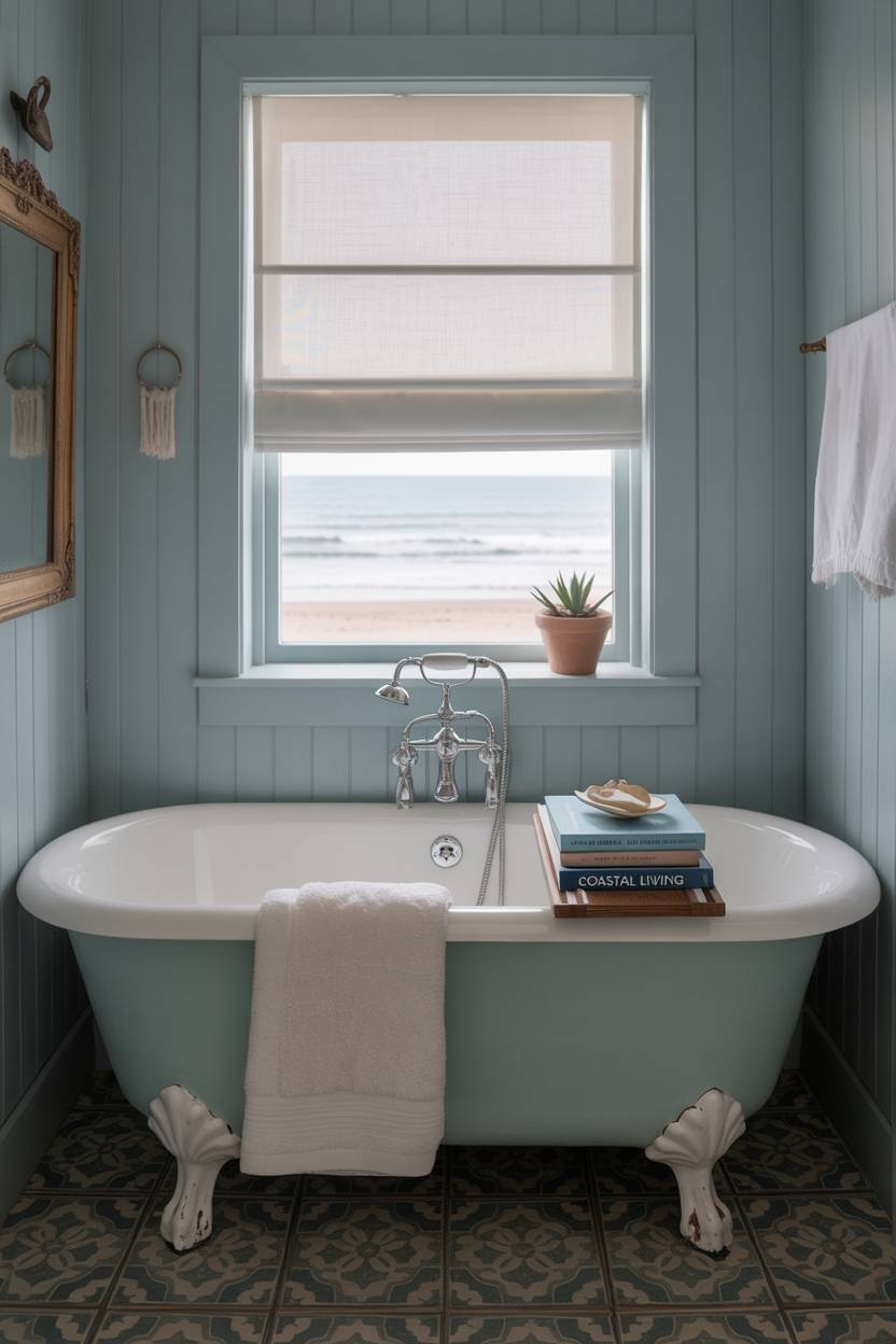 17 Coastal Bathroom Ideas for Stunning Beachy Decor 7 Small coastal bathroom with seafoam green clawfoot tub, patterned tile floor, pale blue walls, vintage mirror, and window overlooking misty beach