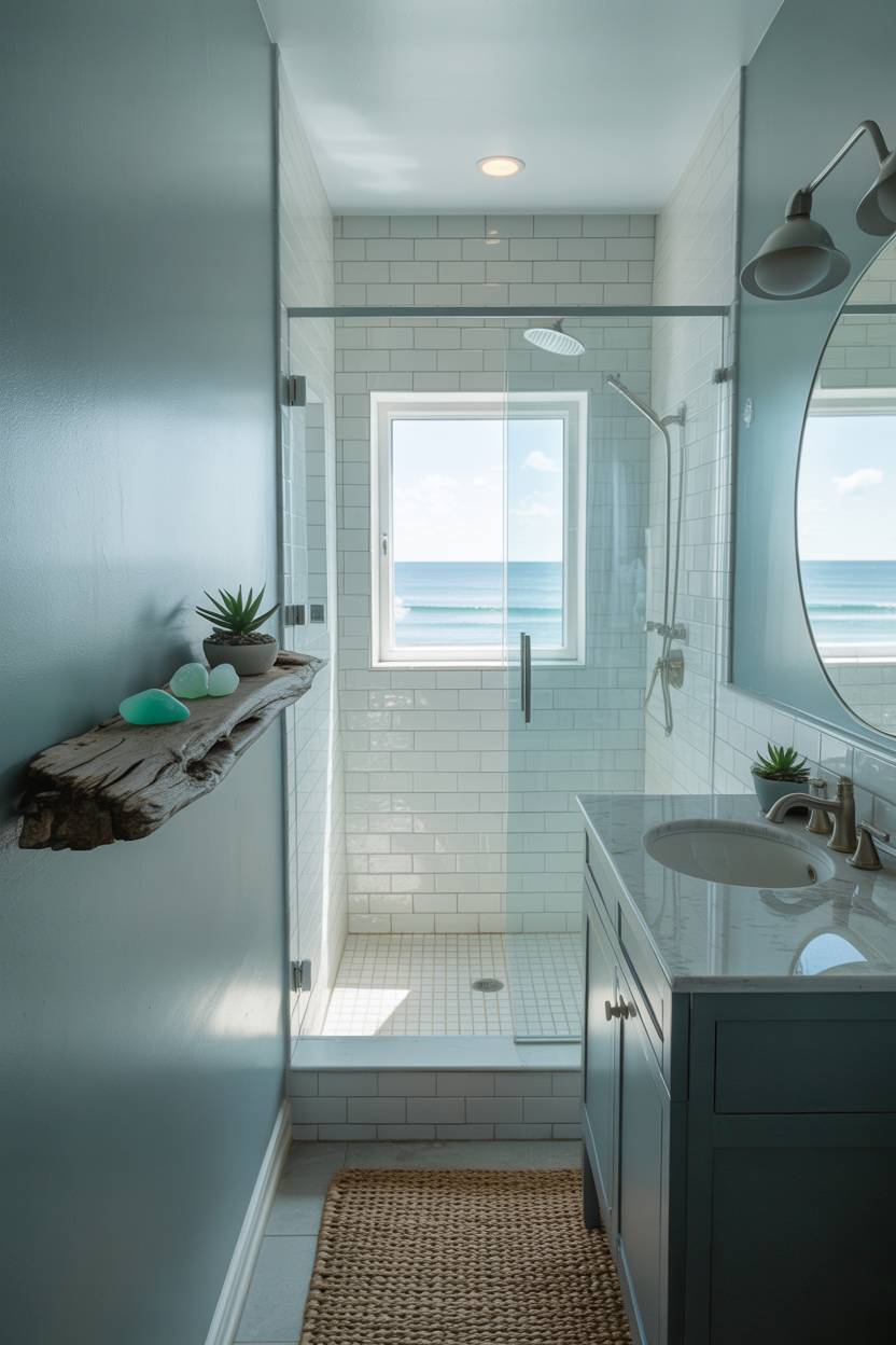 17 Coastal Bathroom Ideas for Stunning Beachy Decor 8 Small modern coastal bathroom with glass walk-in shower, white subway tiles, driftwood shelf with succulents, blue-grey walls, and ocean view window