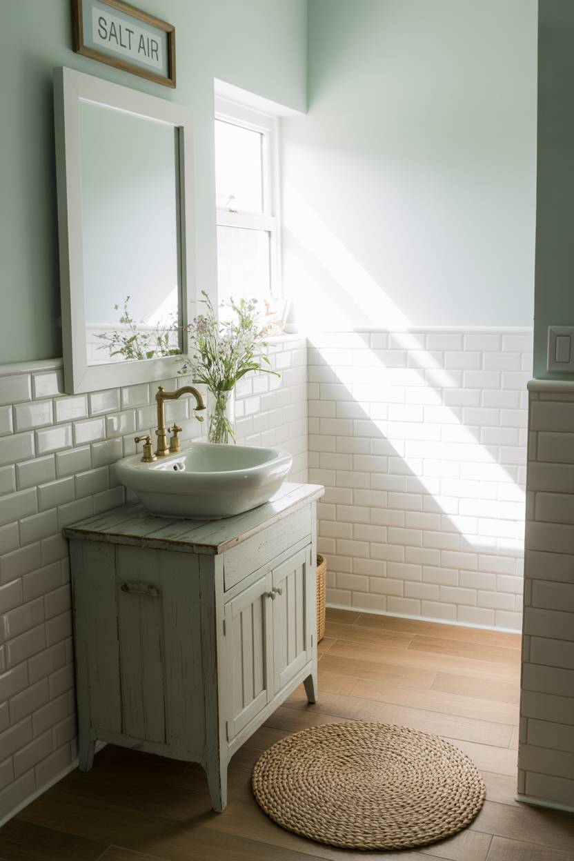 17 Coastal Bathroom Ideas for Stunning Beachy Decor 9 Small coastal bathroom with freestanding sink on wooden vanity, seafoam green walls, white subway tiles, wooden flooring, and seagrass rug