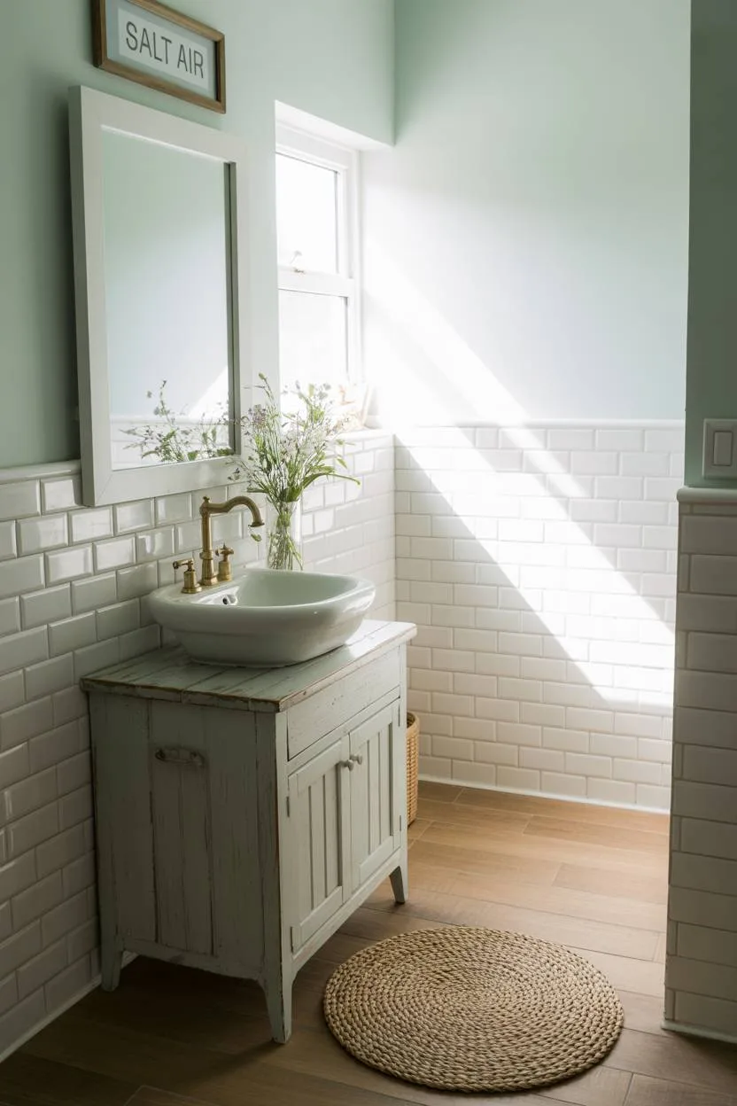 17 Coastal Bathroom Ideas for Stunning Beachy Decor 9 Small coastal bathroom with freestanding sink on wooden vanity, seafoam green walls, white subway tiles, wooden flooring, and seagrass rug